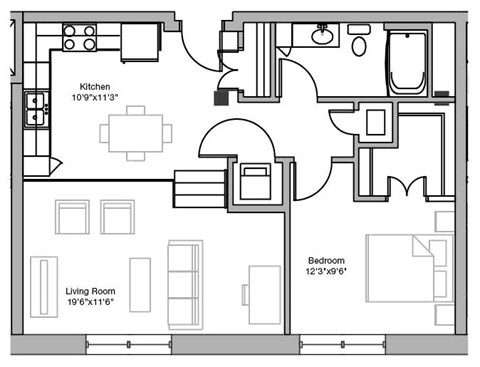 Floor plan for 1 bed, 1 bath, 807 sqft